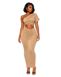 Woman wearing a tan brown ruched two-piece set with one-shoulder crop top and maxi skirt
Stretchy tan brown matching set with ruched detailing and adjustable side drawstring
Luxe tan brown two-piece skirt set with slightly sheer fabric and curve-hugging fit
One-shoulder ruched maxi skirt set for women in soft stretch material
Elegant tan brown vacation outfit with fitted crop top and ruched skirt
Fashion model wearing a body-contouring tan brown two-piece ensemble
Chic brunch and date night outfit featuring